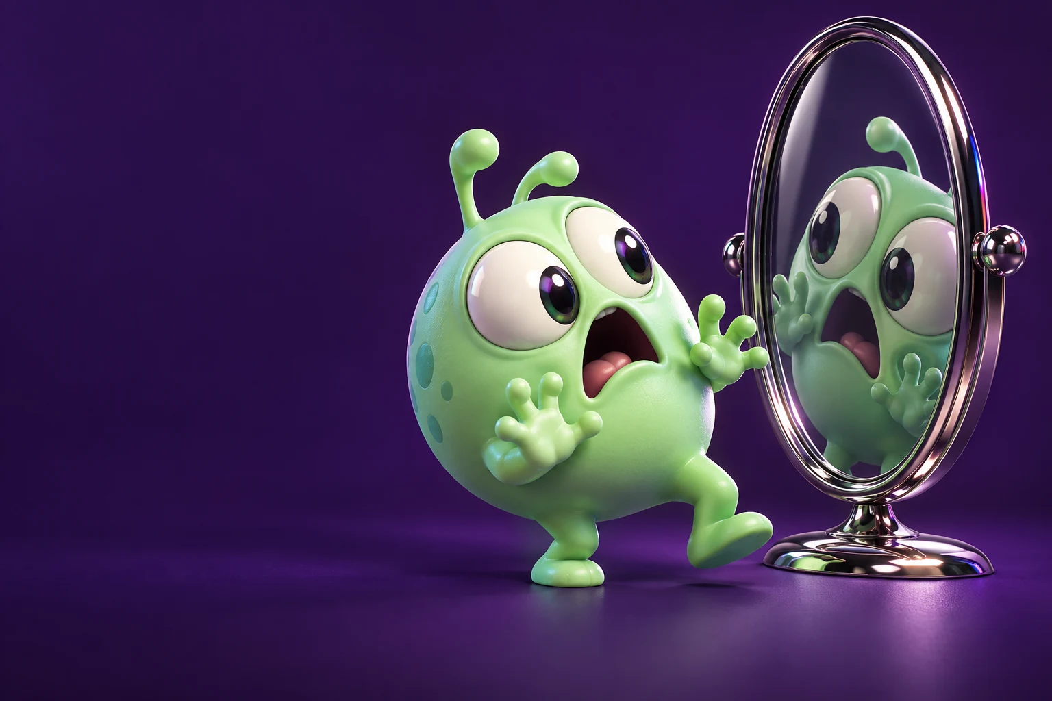 A startled mint-green alien flinching at its own reflection in a chrome mirror